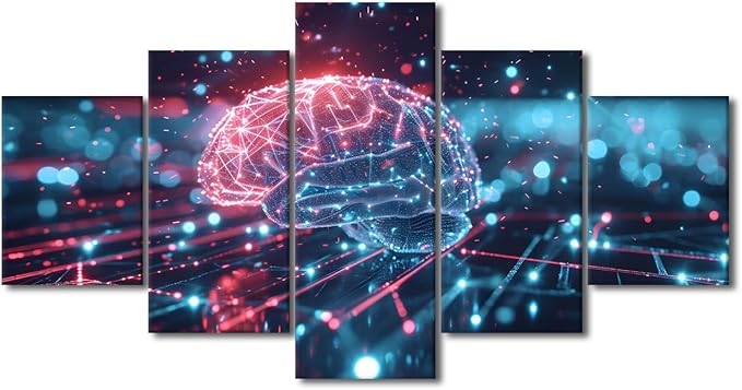 5 Panel Futuristic Technology Canvas Paintings Wall Art Digital Human Brain Picture House Decorations Bedroom Art Work for Wall Decor Living Room Kitchen Home Decor Frame Ready to Hang 60"Wx32"H