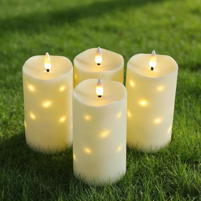 Lezonic Flameless Waterproof Outdoor Candles with Flickering Dancing Flame, 4Pcs Battery Operated Candles with Remote, Ivory LED Pillar Built-in String Lights for Patio Wedding Decor, 3.25" x 6"