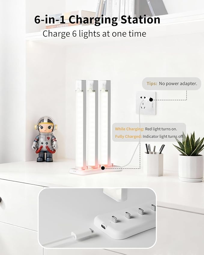 6-Pack Under Cabinet Lighting with charging station 8-Inch Rechargeable Motion Sensor Light Indoor 3 Color Dimmable Closet Light, USB Stick on LED Magnetic Under Counter Lights for Kitchen Shelf