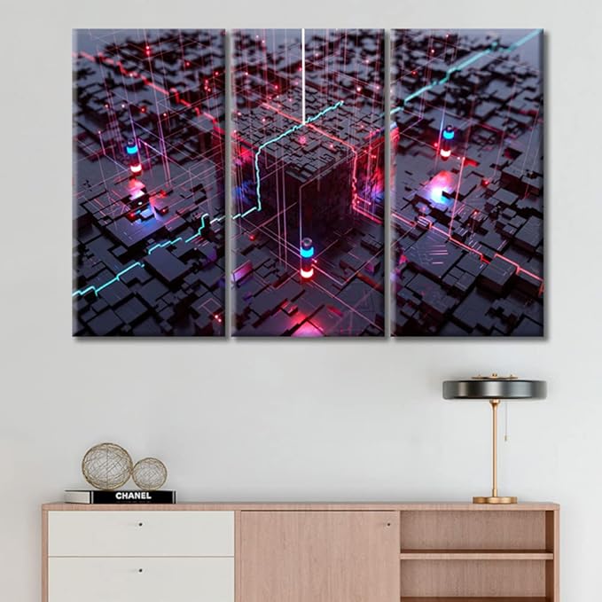 TUMOVO Computer Processors CPU Poster Wall Decor 3 Piece Modern GPU Card with Circuit and Colorful Lights Bedroom Art Prints Wall Decor Living Room Stretched and Framed Ready to Hang (36" Wx24 H)