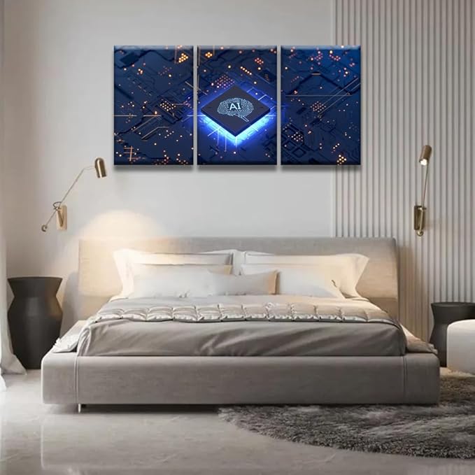LSIUHWUWI Wall Art Painting Artificial Intelligence, Artificial Intelligence Concept Pictures Print on Canvas 3 Panel Canvas Wall Art AI Artwork Ready to Hang 16x24inchx3