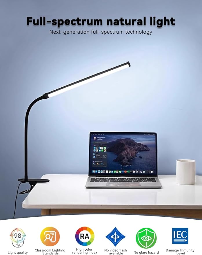 2 Pack LED Desk Lamp with Clamp,Eye-Friendly Clip on Lights for Home Office Study Reading,3 Modes 10 Brightness,Long Flexible Goose-Neck,Swing Arm Architect Task Table Lamps with USB Adapter