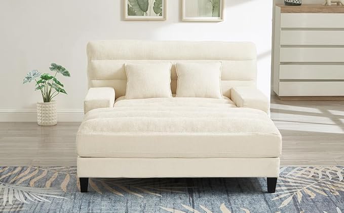 LifeSky Adjustable Chaise Lounge Sofa: 6-Position Reclining Sofa Bed with Smart LED Lighting - 60,000+ Color App-Controlled RGB Light Strip for Living Room & Apartment - Soft Chenille Upholstery Beige