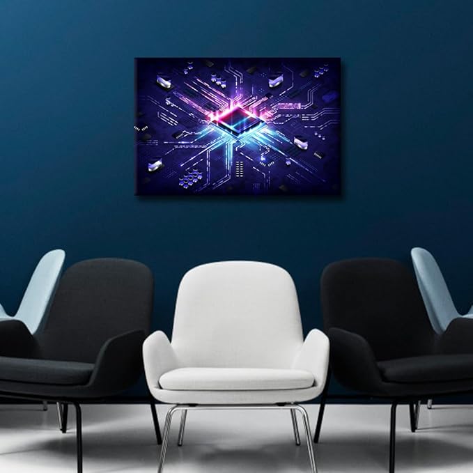 TUMOVO Canvas Wall Art for Bedroom AI Cyberpunk Tech Wall Paintings for Living Room Circuit Board Chip Office Modern Wall Art CPU Concept Pictures Print On Canvas Giclee Framed, 24x16in