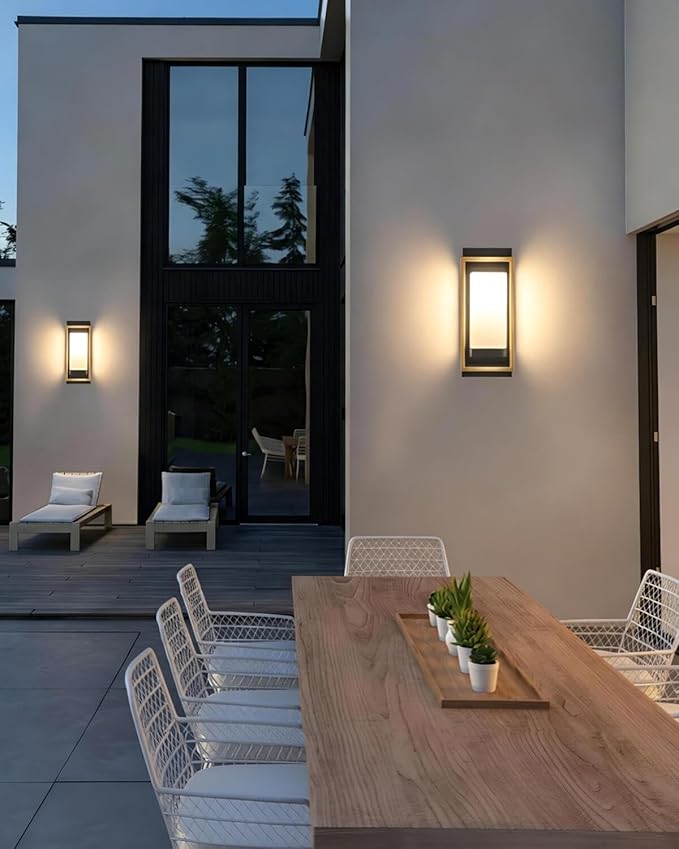 RAYVO Modern Outdoor Wall Light with Dusk to Dawn Sensor, Waterproof Exterior Lighting Fixtures with E26 Base, Bulb Included, Outdoor Sconce Lights for Porch Garage Entryway, Black Gold, 2 Pack