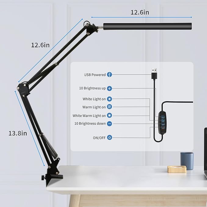 LED Desk Lamp with Clamp,Eye-Caring Desk Light with Clamp,Swing Arm Lamp Includes 3 Color Modes&10 Dimmable Brightness,Desk Lamp with USB Charging Port for Home Office,Reading(Black,12W)