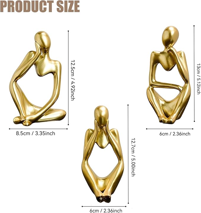Mingzhang 3pcs Thinker Statue Abstract Art Thinker Figurines Gold Home Decor for Living Room, Office, Coffee Table, Bookshelf Decoration, Housewarming Gifts