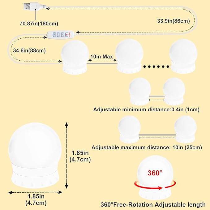 LED Vanity Lights for Mirror, Consciot Hollywood Style with 10 Dimmable Bulbs, Adjustable Color & Brightness, USB Cable, Stick on for Makeup Table Dressing Room Mirror