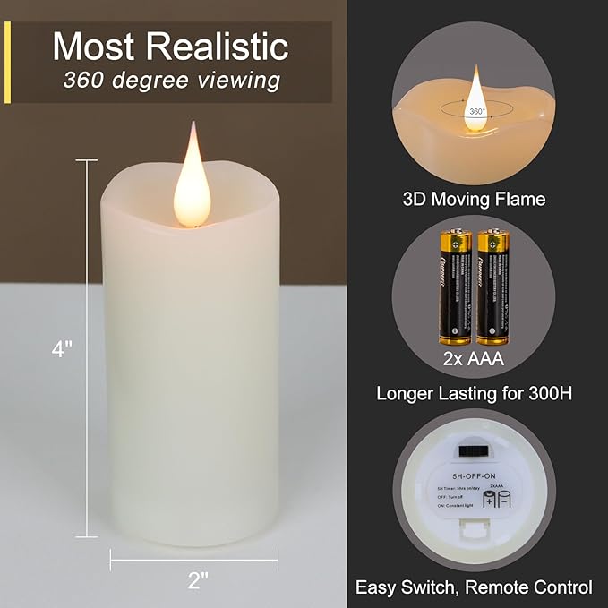 Flickering Flameless Candles with 3D Moving Flame, 6 Pack Battery Operated Candles with Remote Timer, 2" x 4" Ivory Real Wax Pillar Electric LED Candle for Wedding Party
