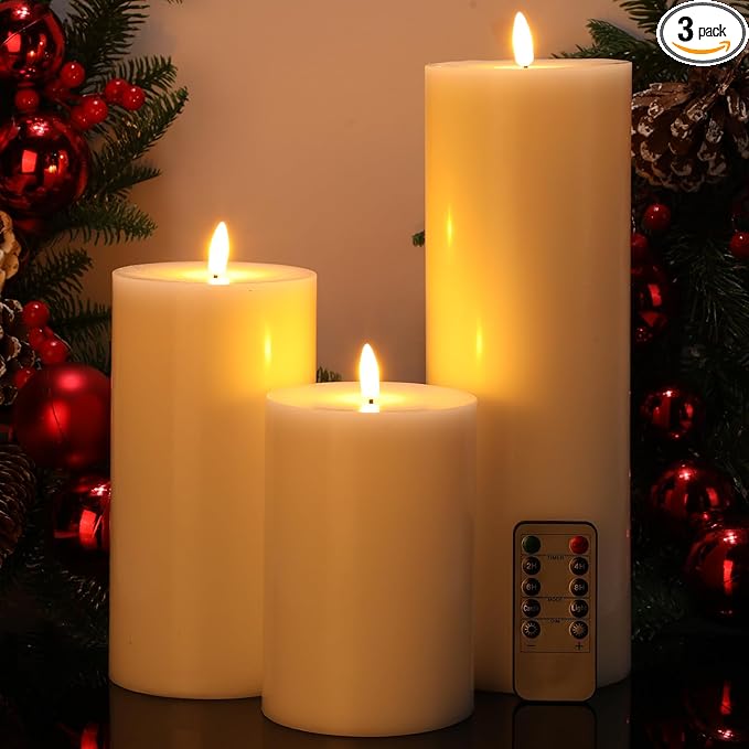 Retisee 3 Pcs White Large Flameless LED Candles with Remote Battery Operated 3D Pillar Flickering Candles for Home Indoor Outdoor Party Wedding Light Decor(6''/8''/12'' x 4'')