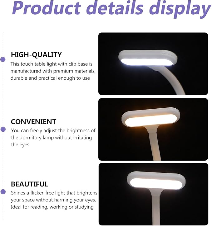LIFKOME Adjustable Eye-Caring Desk Lamp with Clamp Base Touch Control LED Reading Light for Bedroom Office Dorm Flexible Angle and Three Brightness Levels for Comfortable Study and
