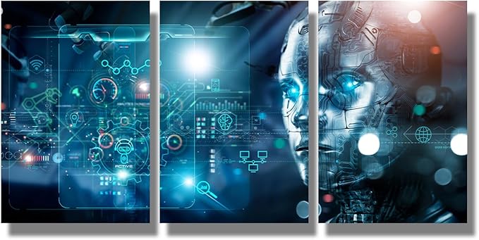 LSIUHWUWI Wall Art for Living Room Machine Learning, Data Exchange, Deep Learning, Industry 4.0 Pictures Posters for Home Wall Decoration, Wooden Framed Ready to Hang, 16x24inchx3