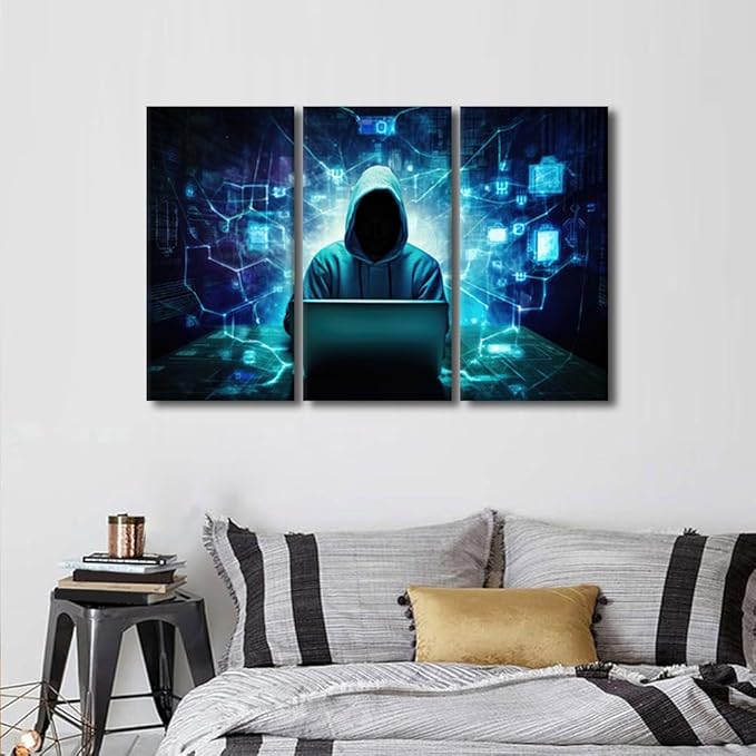 TUMOVO 3 Panels Wall Art AI Big Data Pictures Prints on Canvas Hacker Malware Artwork for Home Walls Hacker Paintings Canvas Print Room Wall Decorations Stretched and Framed Ready to Hang, 36" Wx24 H