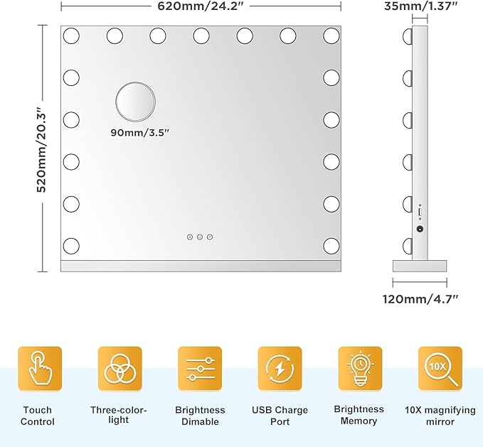 Vanity Mirror with Lights -17 Bulbs, 25" x 21" Large Hollywood Vanity Mirror, 10X Magnifying, 3 Colors Modes, Touch Control Mirror with Lights, Tabletop or Wall-Mounted, USB Charging Port
