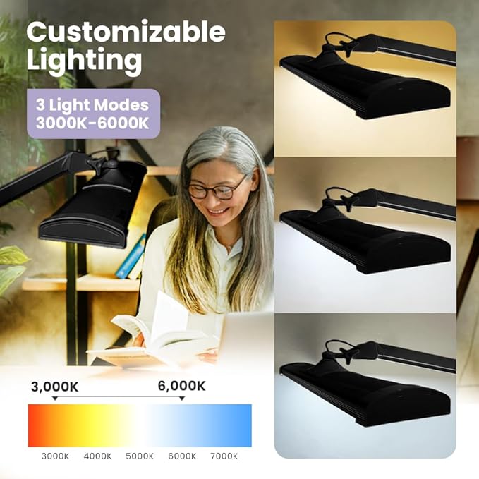 Neatfi 3,500 Lumens LED Desk Lamp – 45W Dimmable Task Light | 3 Light Modes | 540 SMD LEDs | Touch Control | 26-Inch Wide Metal Shade | Reading, Craft, Workbench & Office (CCT with Base, Black)