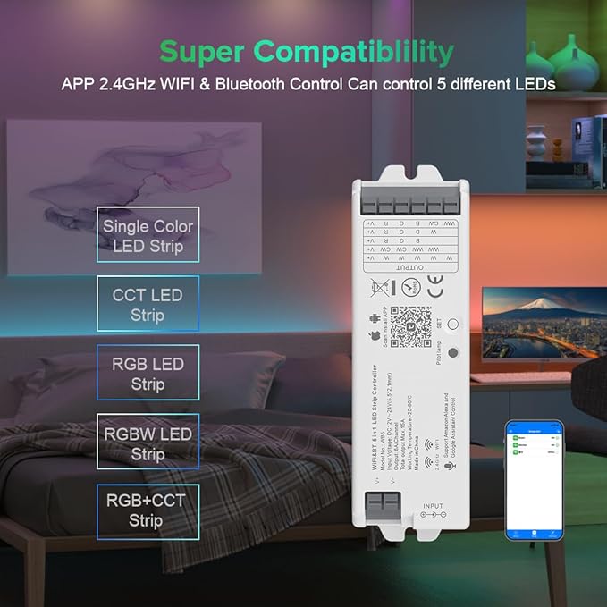 BTF-LIGHTING WR01RF Wireless 2.4G RF 4 Zones RGB RGBW RGBCCT Wall Mounted Smart Panel Remote, WB5 2.4GHz WiFi PWM LED Controller Compatible with Alexa Google Home Smart Life Tuya Smart APP Control
