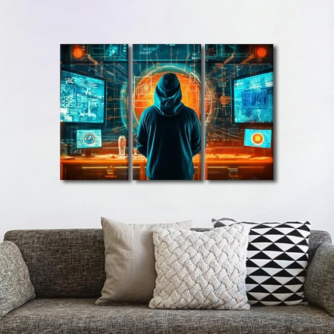 TUMOVO Modern Wall Art for Living Room Multi Panel Concept of Cybersecurity, Phishing, Cybercrime Posters and Prints, Concept Wall Art for Living Room Bedroom Wall Decoration, 42" Wx28 H