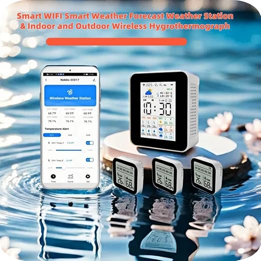 Weather Stations Wireless Indoor Outdoor Thermometer Alarm & Smart WiFi Weather Forecast Next 3 Days with Phone App Temperature & Humidity Monitor with 3 sensors Store 1 Year's Data. (2CO17-3)