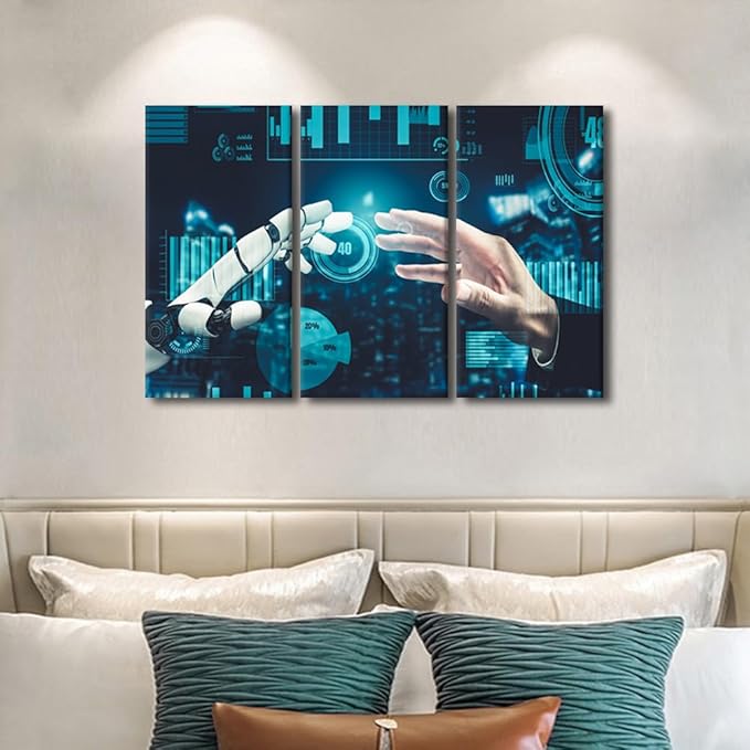 TUMOVO 3 Panels Wall Art AI Intelligence Canvas Prints Robot Paintings Modern Artwork for Home Walls AI Posters and Prints Giclee Gallery-wrapped Framed Ready to Hang, 36" Wx24 H