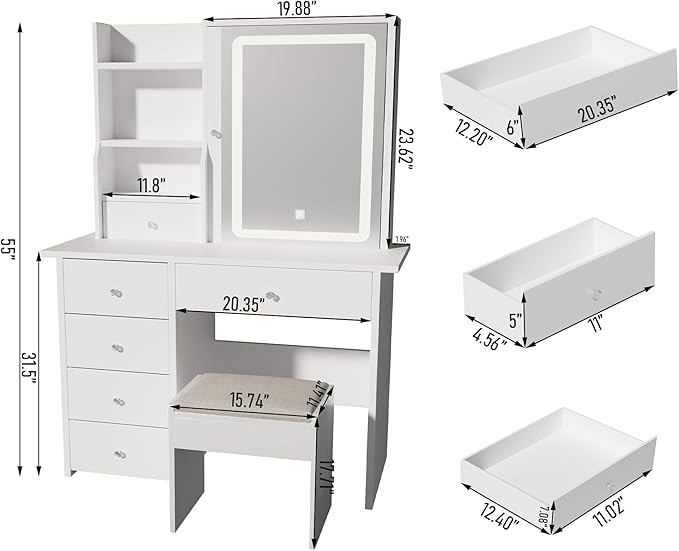 DYHOME Makeup Vanity Desk with LED Lights Mirror 3 Adjustable Modes and Power Outlets, Vanity Table with 6 Drawers Dresser and Bench, Makeup Desk for Bedroom Dressing Room, White