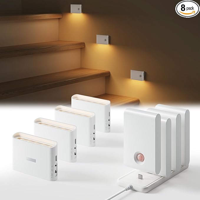 EZVALO Motion Sensor Light Indoor, 1500mAh Rechargeable Stair Lights, Magnetic & Dimmable, 3000K Soft White, Wireless Night Lights for Hallway, Stairway, Bathroom, 8 Pack with Charging Station
