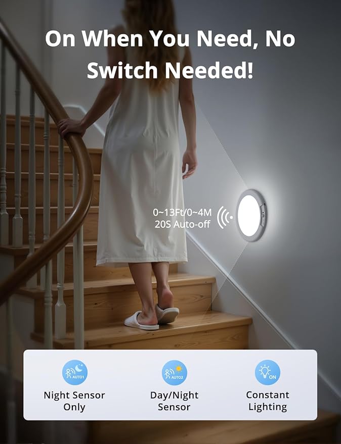 Combuh 4-Pack Battery Powered Motion Sensor Light, 7.48" IP44 Waterproof Shower Lamp Without Wiring, Ultra Thin 3 Colors Adhesive Overhead Lightting for Garage, Bedroom, Kitchen, Portable