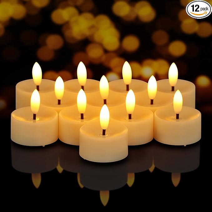 12 Pack Battery Operated Tea Lights Candles, Realistic Flickering Electric Fake Tealights Candles, 3D Wick Flameless LED Tea Lights for Wedding, Festival, Party, Home Decor