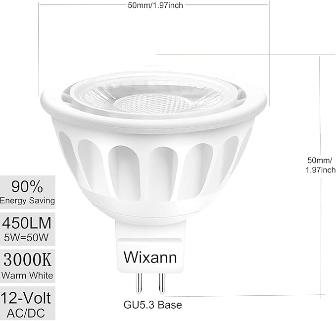 MR16 LED Bulb, 50W Halogen Equivalent, 5W 12V 3000K Soft Warm White, 450Lm GU5.3 Bi-Pin Base, 12V Spotlight Bulb, 40 Degree Spot Lighting For Indoor/Outdoor Landscape Track Bulbs-Not Dimmable (6 Pack)