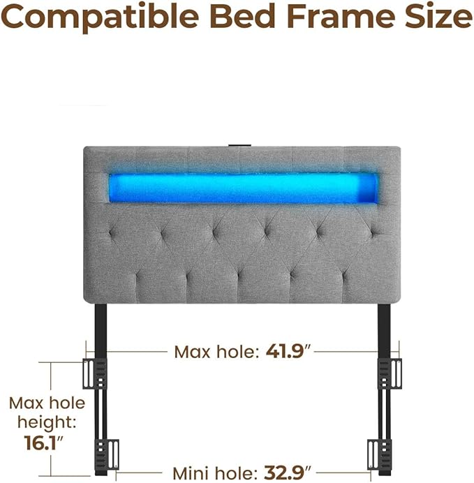 GREENSTELL Headboard for Twin Size Bed with 60,000 DIY Color of LED Light, USB & Type C Post, Attach Frame, Height Adjustable, Gray Wall Mounted Head Boards Only, Sturdy & Stable, Comfortable, Twin