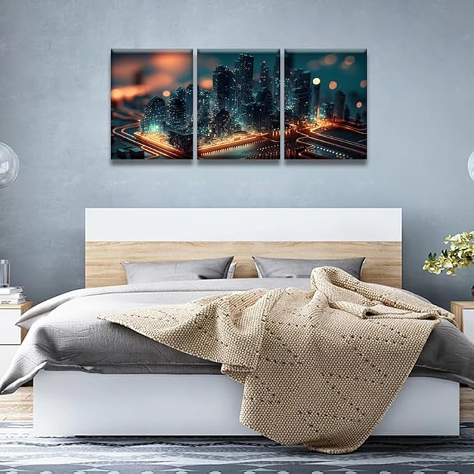 Bedroom Wall Decor 3 Panel Smart City on Circuit Board Artwork Print on Canvas for Living Room Bedrooms Wall Decorations, Wooden Framed Gallery-Wrapped Ready to Hang 12x16inchx3