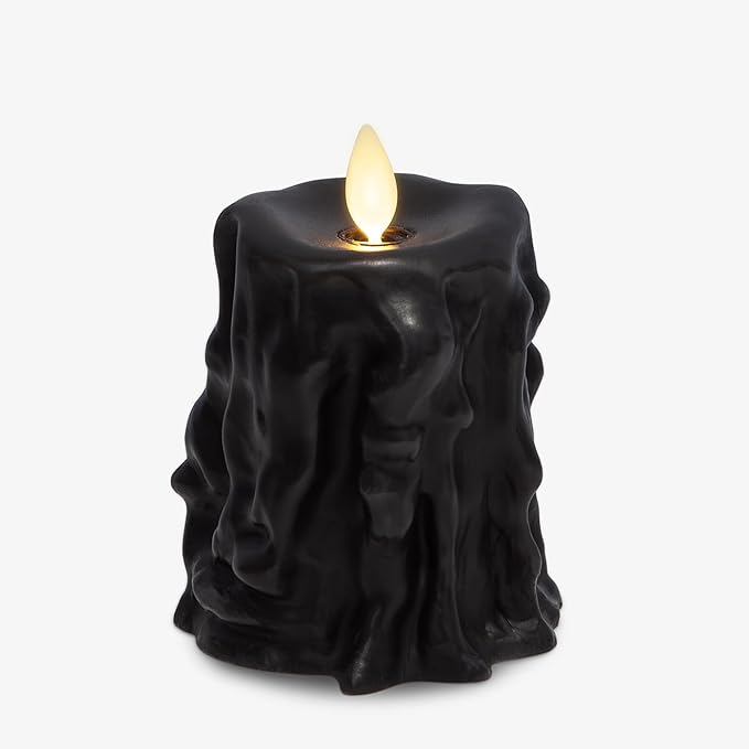 Luminara Heavy Wax Drip Flameless LED Candle, Black 3.4" x 4.5", Timer Function, Real Wax Pillar, Battery Operated Unscented Safe, Long-Lasting