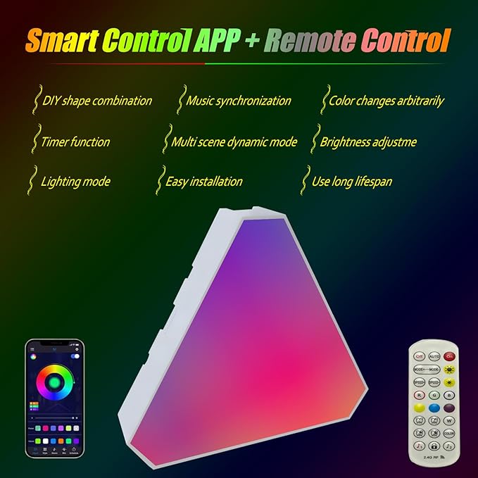Smart RGB Modular Hex Light Panels LED Splicing Hexagon Bright Mood Wall Lamp Music Sync Creative DIY Geometric Gaming Lights Honeycomb Shape Panel (Side 5" -Triangle-RGB Color- 3 pcs)