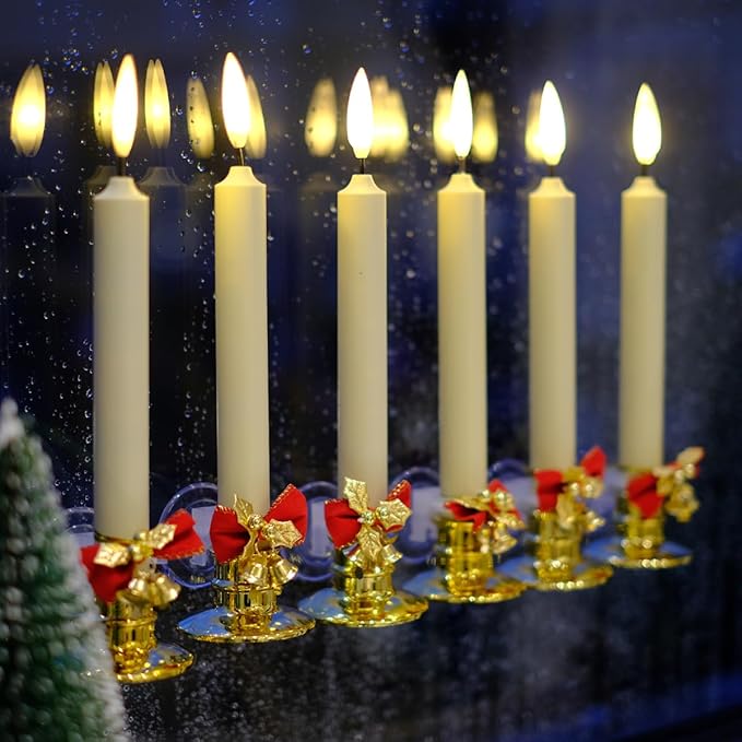 NONNO & ZGF 6 Pack Flameless 8.7'' Window Candles +12 AA Batteries(Include) +6 Red Bows(with Bells) +6 Suction Cups+6 Golden Candleholders. Battery Powered Ivory Taper Candle with Remote and Timer