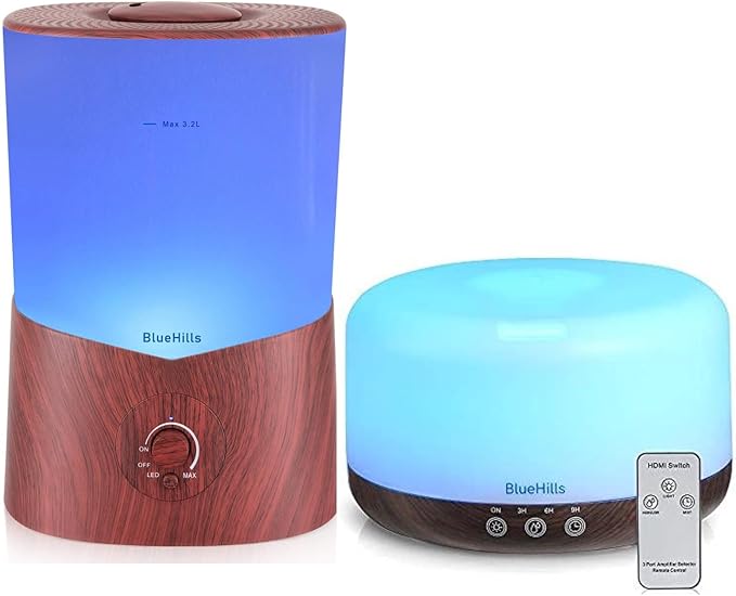 BlueHills Premium Large 3000 ML and 1000 ML XL Essential Oil Diffusers Humidifiers Combo Set of 2 for Large Room Home with Décor LED Lights Great Gift – Dark Wood Grain.