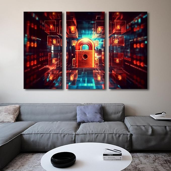Wall Art for Living Room Multi Panels Modern Wall Decor Concept of Cybersecurity and Data Protection Picture Poster, Wooden Framed Gallery-Wrapped Ready to Hang, 60" Wx40 H