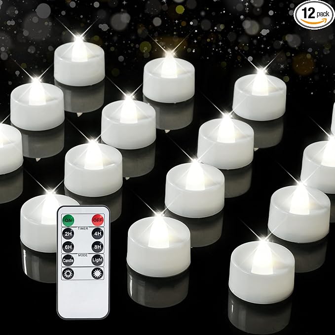 BEICHI Remote Candles, 12 Pack Timer Candle, Flameless Tea Lights Candles Battery Operated, Flickering LED Tea Lights, Timer Battery Votive Candles- Pure White- White Base
