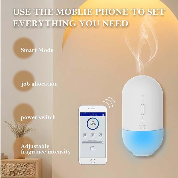 Plug in Waterless Oil Diffuser and 5 OZ Essential Oil for 600 Sq. Ft Room Home Hotel Office, Mini Wall Mounted Smart Scent Air Freshener Machine with Bluetooth App, House Outlet Aroma Diffuser White