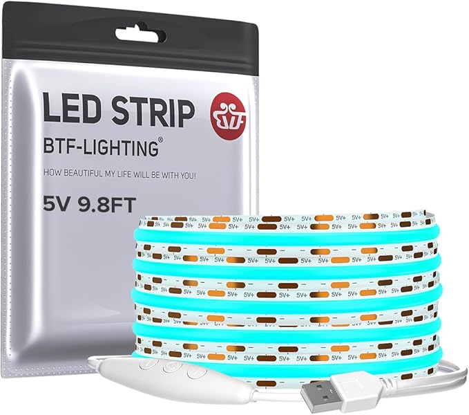BTF-LIGHTING FCOB COB FOB LED Strip Lights 5V USB Powered 9.8FT 960LEDs Ice Blue 8mm Width Dimmable CRI 90+ with 3M Tape Flexible High Density for 3D Printer TV Backlight PC DIY Decor