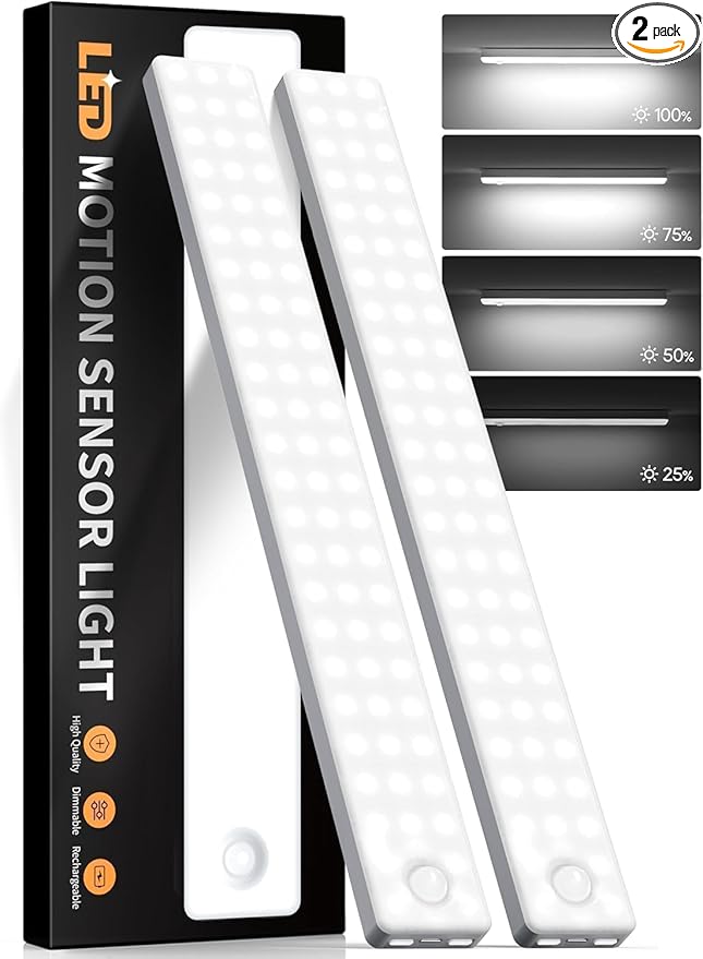 13inch Under Cabinet Lighting, 2500mAh Motion Sensor Light Indoor, USB Rechargeable Battery Operated Closet Light, Dimmable LED Cabinet Lights, Under Counter Light for Kitchen (2-Pack)