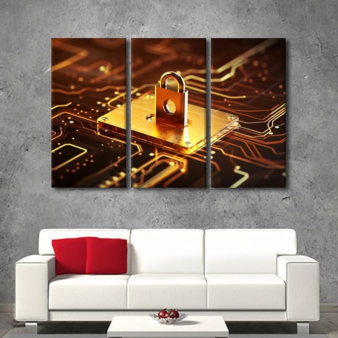 Multi Panel Canvas Wall Art Cyber Security Concept Pictures Print on Canvas Artwork for Home Wall Decorations, Giclee Artwork Wooden Framed Gallery-Wrapped Ready to Hang, 60" Wx40 H