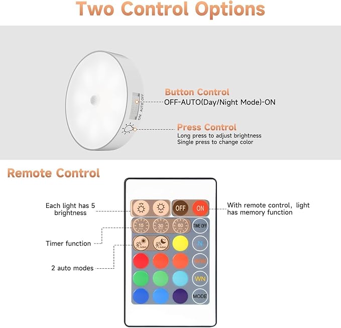 LED Under Cabinet Lights, Motion Sensor Lights Indoor with Remote, 1000 mAh Rechargeable, 3 Color Temps & 10 RGB Dimmable Puck Light, Closet Lights Night Light for Kitchen, Hallway (3 Packs)
