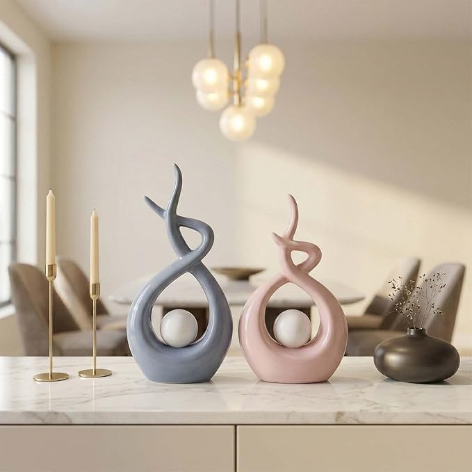 Pink White Modern Sculpture Table Decorations, Ceramic Knick Knacks Statues for Living Room Decor, Tv Stand and Desk Decor, Suitable for Coffee Tables and Shelf Decorations, Great Gift Idea