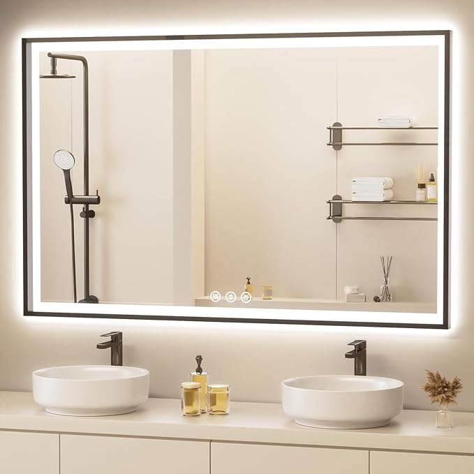 60x36 LED Bathroom Mirror with Lights, Black Aluminum Framed, Backlit + Front Lit, Lighted Bathroom Vanity Mirror for Wall, Anti-Fog, Memory Function, Dimmable, Shatterproof ETL Listed