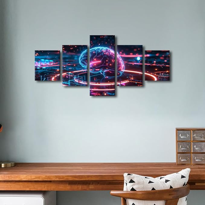 TUMOVO 5 Panel Human Brain Wall Art for Living Room Neural Networks Wall Decor Computer Technology Canvas Painting for Home Futuristic Technology Poster Decorations for Office 50" Wx24 H