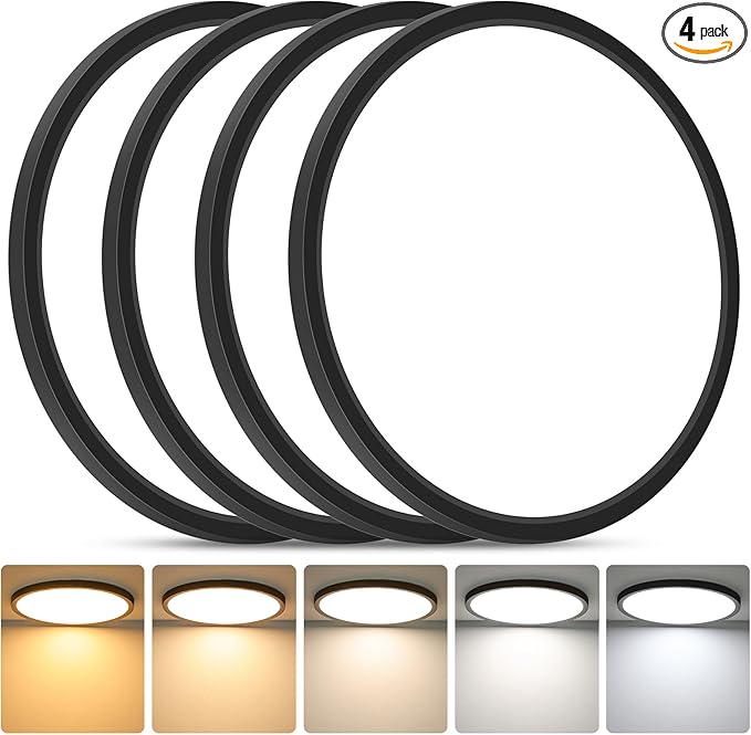 Brightever Black LED Flush Mount Ceiling Light Fixture, 12 Inch 24W, Super Slim 0.67 Inch 3200LM LED Ceiling Lights, Dimmable & 2700K-6500K 5 Color in One Ceiling Lamp for Bedroom, Hallway, 4-Pack
