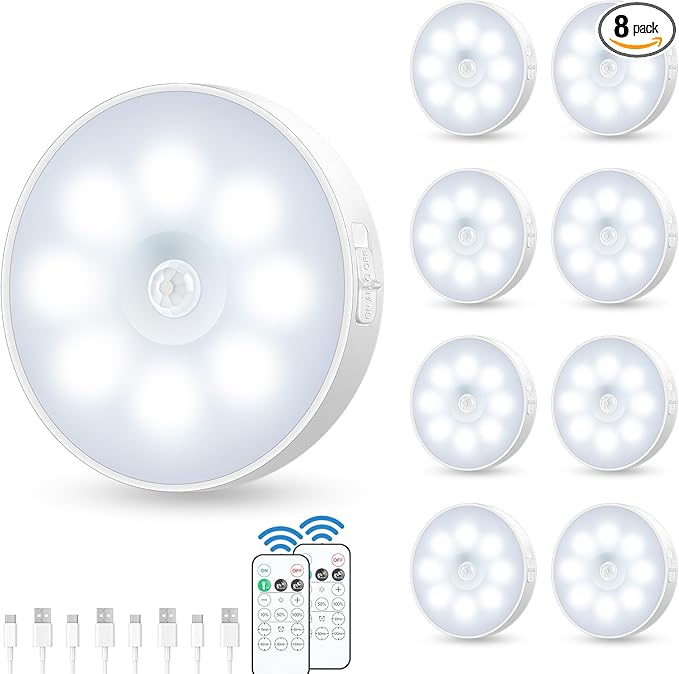 Motion Sensor Puck Light with Remote, Wireless Dimmable Under Cabinet Lighting, Rechargeable Magnetic Closet Night Light, 8-Pack, Cool White