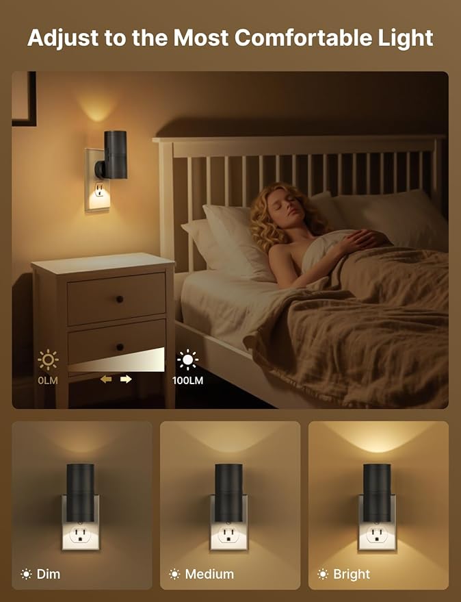 Night Light Plug into Wall, 2 Pack Dimmable LED Nightlight with Dusk to Dawn Sensor, Soft White Glow, for Hallway, Bathroom, Bedroom, Black