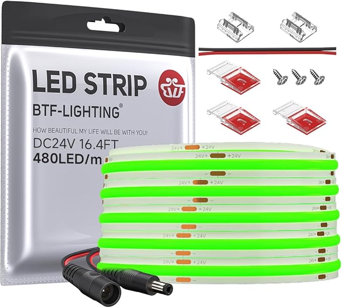 BTF-LIGHTING FCOB COB LED Strip Green Color 480LED/m 16.4FT DC24V Flexible High Density Uniform Light 8mm Width Bright Dimmable for Home Indoor Decor(No Adapter or Controller)