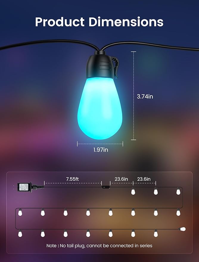 woohaha Outdoor String Lights,45FT Smart RGB+IC+Warm White Outdoor Patio Lights with 19 Dimmable LED Bulbs, IP65 Color Changing Light with APP Control&2.4G Remote,for Outside Backyard Decor