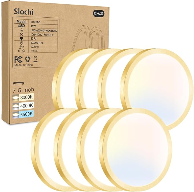 slochi 8PACK LED Flush Mount Ceiling Light Fixture, 3000K-4000K-6500K & 100W Equivalent Modern Kitchen Recessed Ceiling Lamp 15W 1500Lm 7.5 Inch Closet Round Surface for Bathroom Laundry Hallway-Gold